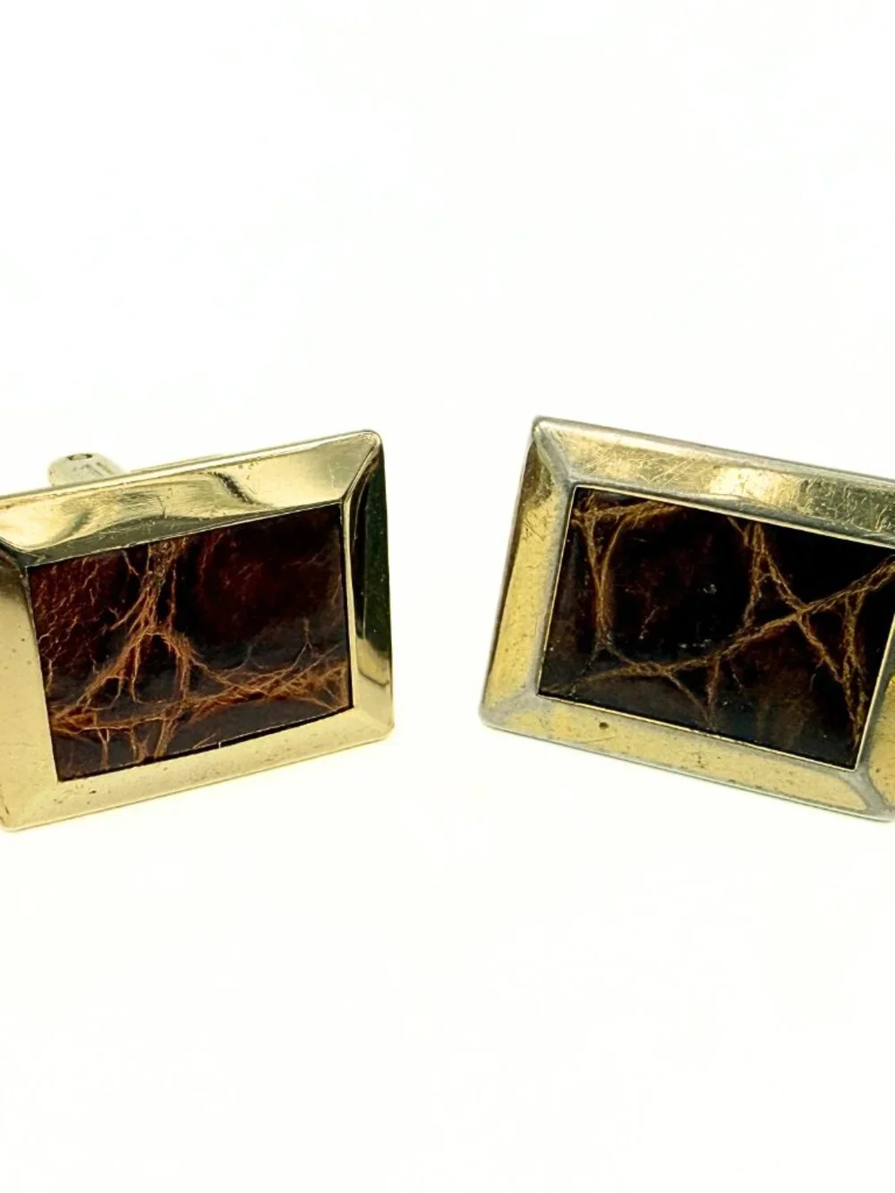 Hickok Signed MCM Brown Crocodile skin Leather Gold Plate Cufflinks